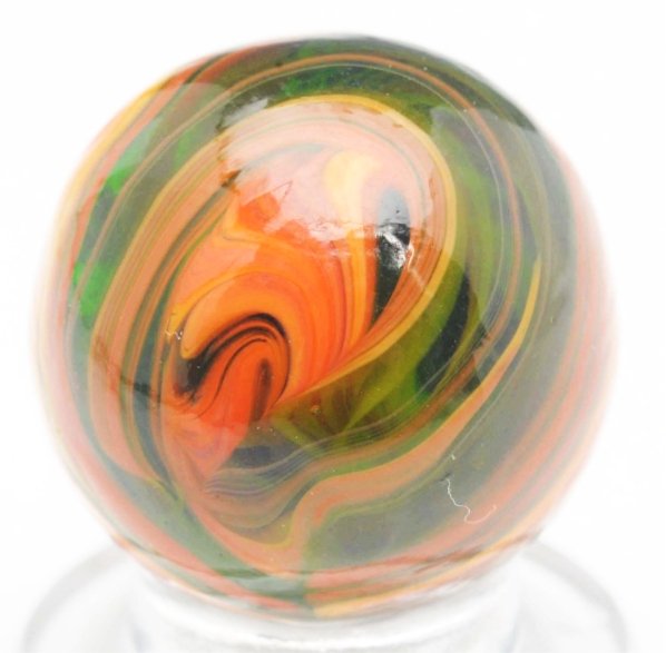 Christensen Agate Submarine Marble.: Apple green translucent base with yellow and orange striping. Submarine effect under surface with lots of color. Some as-made cold roll marks. Condition (9.5). Size 11/16" Dia.