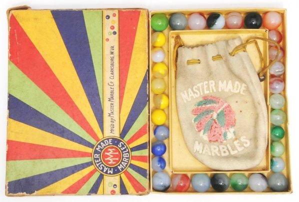 Master Marbles Box Set.: Box includes 32 moss Agate marbles and bag. Box top has corner tears and edge splits. Condition Marbles (9.0) Box (Fair). Size Range: 5/8" to 3/4" Dia.