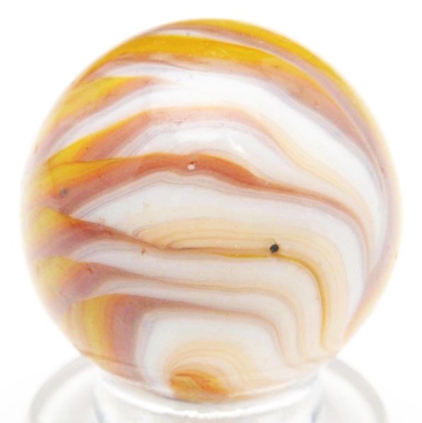 Christensen Agate Tri-Color Flame Marble.: White base with yellow and salmon. Some as-made surface debris hot spots. Condition (9.0). Size 3/4" Dia.