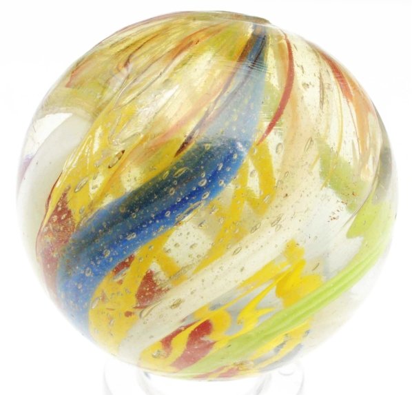 End of Cane English Style Yellow Latticino Marble: Outer decorations in blue, white, brown, and green bands. Colors come from side pontil and fall short of the cut end. Great overall example. Some as-made cold roll marks. Condition (9.4). Size 1 - 3/8