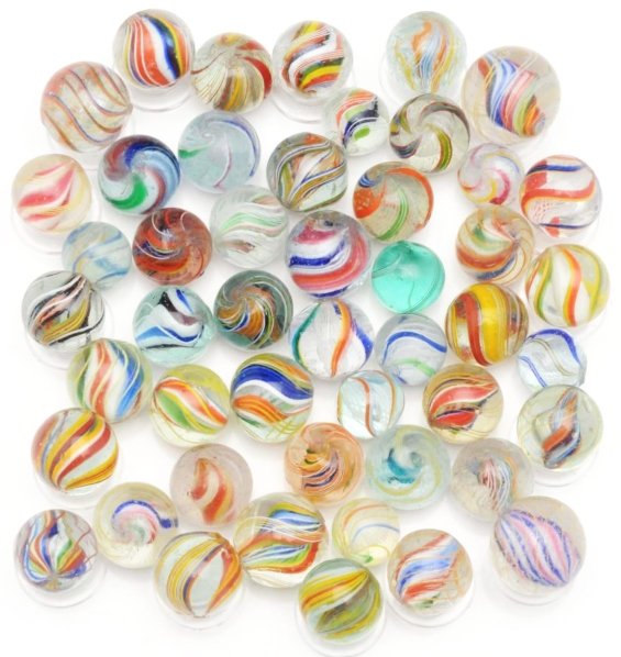 Lot of Approximately 48: Handmade Swirl Marbles.: Includes multicolored, divided cores, latticinos, solid cores, and open core swirls. Condition (9.2). Size Range: 9/16" to 13/16" Dia.