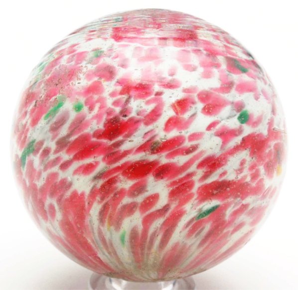 Single Pontil End of Day Marble.: Single pontil end of day. White base with great spotting of pink, cobalt, green, and a small amount of yellow. Top of marble has great cup lines. One as-made cold roll mark. Condition (9.7). Size 1 - 