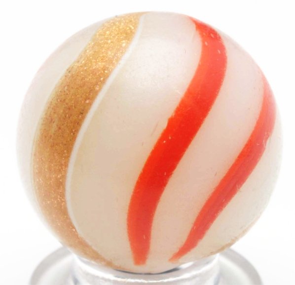 White Opaque Banded Lutz Marble.: White opaque base with outer red bands. Well-crafted with even line spacing. Minor flea bit and surface wear. Condition (8.95). Size 13/16" Dia.