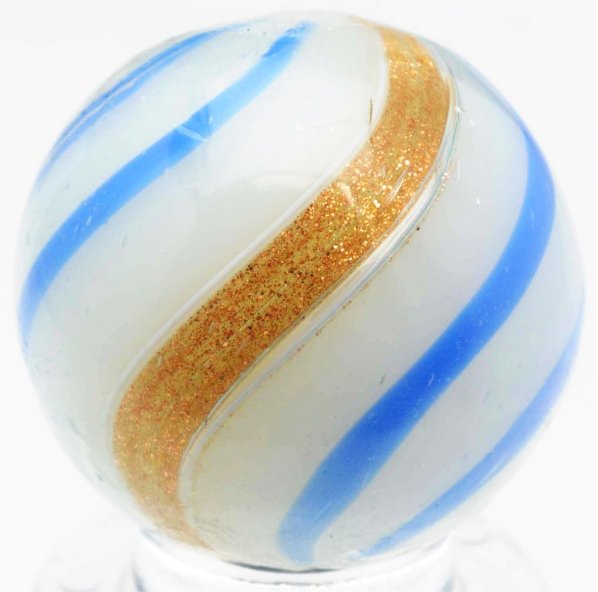 White Opaque Banded Lutz Marble.: White opaque base with blue outer bands. Condition (8.7). Size 25/32" Dia.