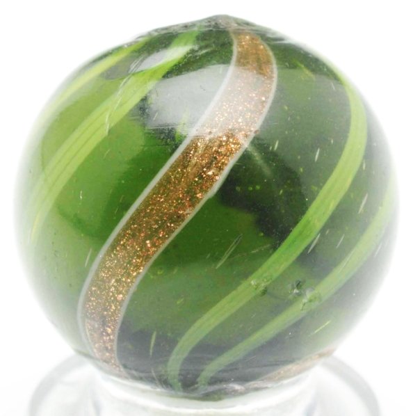 Dark Green Banded Lutz Marble.: Unusual dark green translucent base with outer green bands. Minor flea bites. Condition (8.9). Size 3/4" Dia.