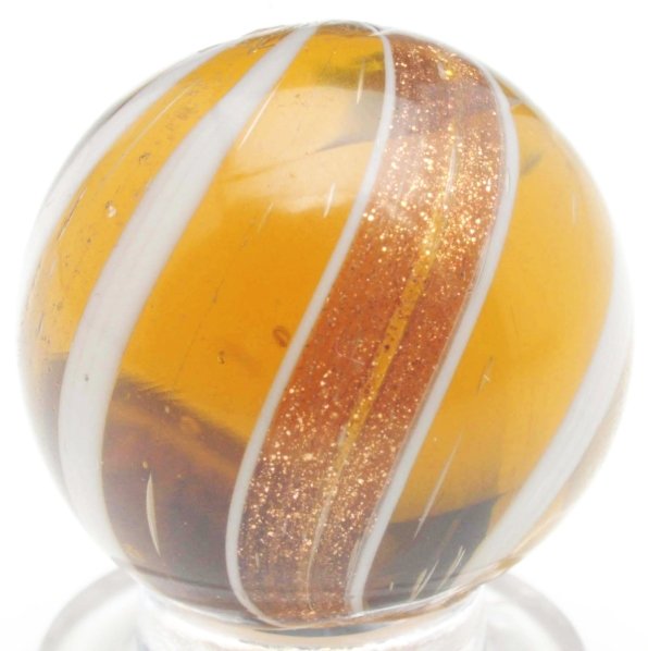 Amber Glass Banded Lutz Marble.: Honey amber transparent base with white outer bands. Well-crafted with wide bold lutz banding. One minor flea bite. Condition (8.95). Size 25/32" Dia.