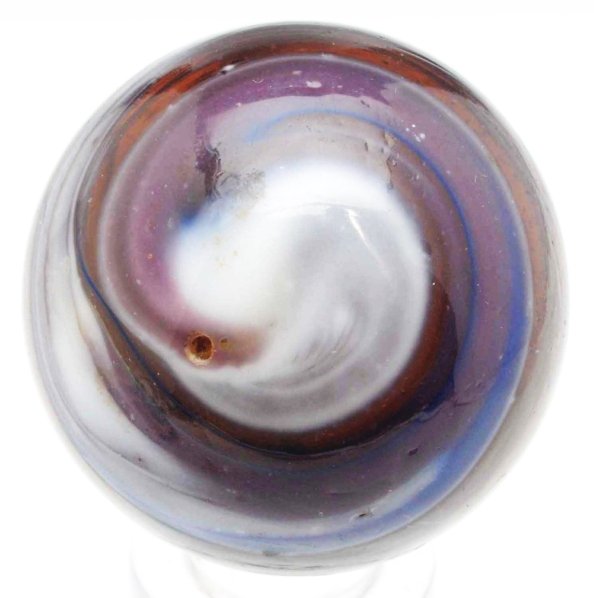 Large Leighton-Style Transitional Marble.: Single faceted pontil marble with translucent peach base and great number nine pattern in white, lavender, and cobalt. This marble is in great condition with just one as-made micro surface blowout (ty