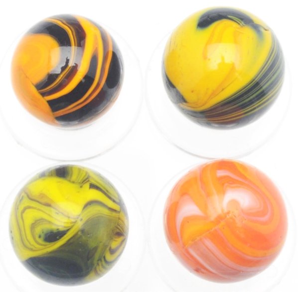 Lot of 4: Christensen Agate Diaper Fold Marbles.: Includes one in black with electric orange diaper fold, two in black with electric yellow diaper folds, and one in white with electric orange diaper fold. Nice colors and patterns throughout. The whit