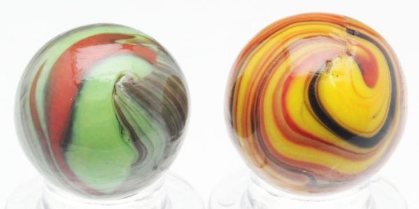 Lot of 2: Christensen Agate Stripe Opaque Marbles: The smallest marble has a green base with reddish-orange and brown striping. Nice diaper fold effect at pinch lines. The larger marble has a yellow base with red and black striping. Both have two pinc
