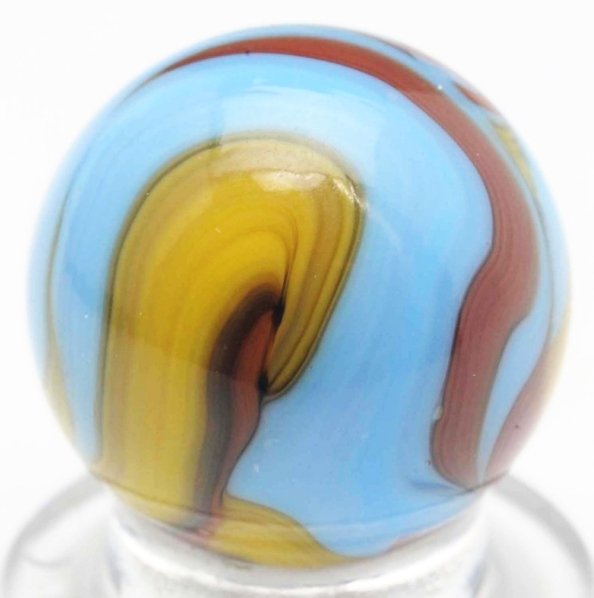 Christensen Agate Tri-Color Flame/Swirl Marble.: Blue base with yellow and brown flame/swirl pattern. Condition (9.8). Size 5/8" Dia.