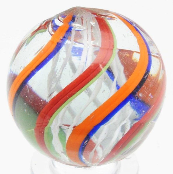 English Style White Latticino Swirl Marble.: White latticino with bright outer English decoration. Color bands alternate fire engine red and mint green with orange and cobalt blue. Very striking marble. One as-made cold roll mark. Condition (9.4