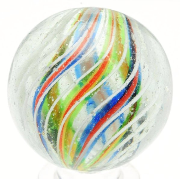 Divided Core Swirl Marble.: Divided core consists of alternating red/white/blue bands with translucent green/yellow/orange bands. Outer decoration consists of birdcage white latticino threads. Condition (9.7). Size 1 - 1/8" Dia.