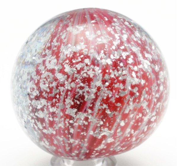 Shrunken Core Onionskin Marble with Floating Mica: Pink and white shrunken core with floating mica (blizzard). Well-distributed mica throughout. One top pontil as-made break and flat spot. This marble has been buffed with minor damage still showing. C