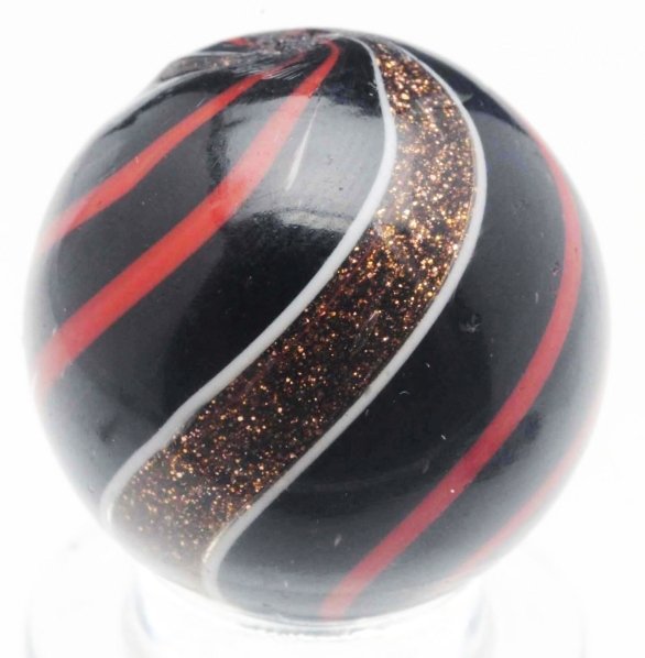 Black Opaque Banded Lutz Marble.: Black opaque base with red outer bands. Perfectly crafted marble with even line spacing and lutz bands. Micro subsurface reflection. Condition (9.5). Size 3/4" Dia.