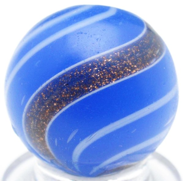 Blue Opaque Glass Banded Lutz.: Baby blue opaque base with white outer bands. Strong lutz banding. One small as-made hot spot. Condition (9.1). Size 11/16" Dia.