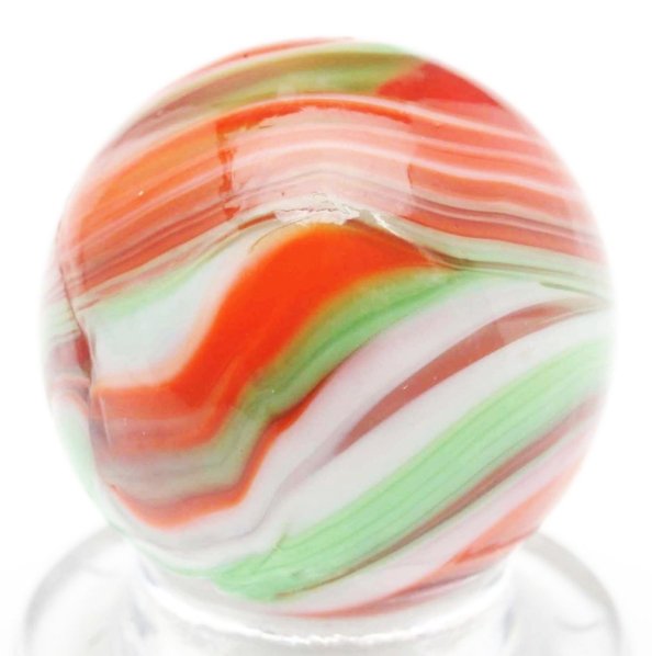 Christensen Agate Submarine Marble.: Clear transparent base with orange, mint green, and white. Striking marble with nice colored bands under surface. Condition (9.7). Size 11/16" Dia.