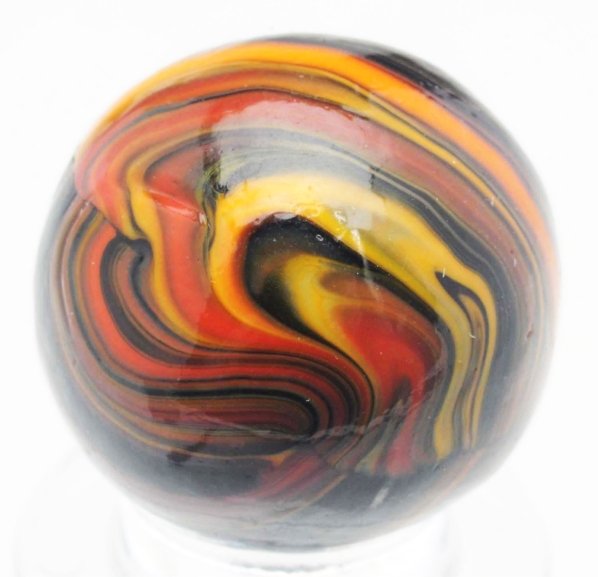 Christensen Agate Striped Opaque Marble.: Black opaque base with beautiful red, orange, cream, and green stripes. This marble has two pinch lines with a nice diaper fold effect. Some as-made cold roll marks. Condition (9.2). Size 11/16" Dia.