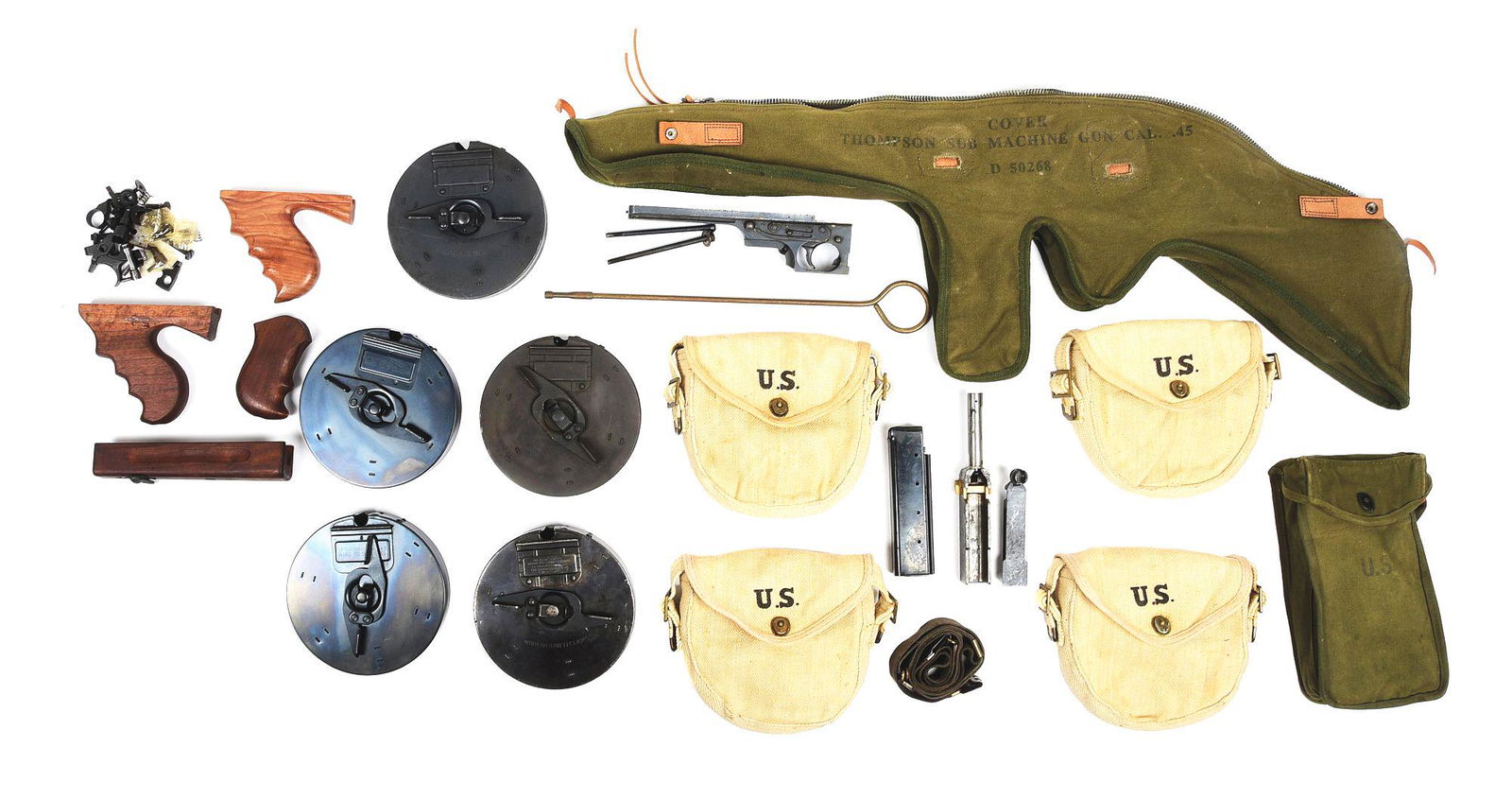 LOT OF THOMPSON MACHINE GUN ACCESSORIES AND PARTS INCLUDING 50 ROUND DRUMS.: Lot consists of 3 Bridgeport 50 round drums with "U" proofmark, 2 unmarked 50 round drums with "50 cartridges cal .45 wind to 9 clicks" as the only markings on the body of the drum, 4 white web with "