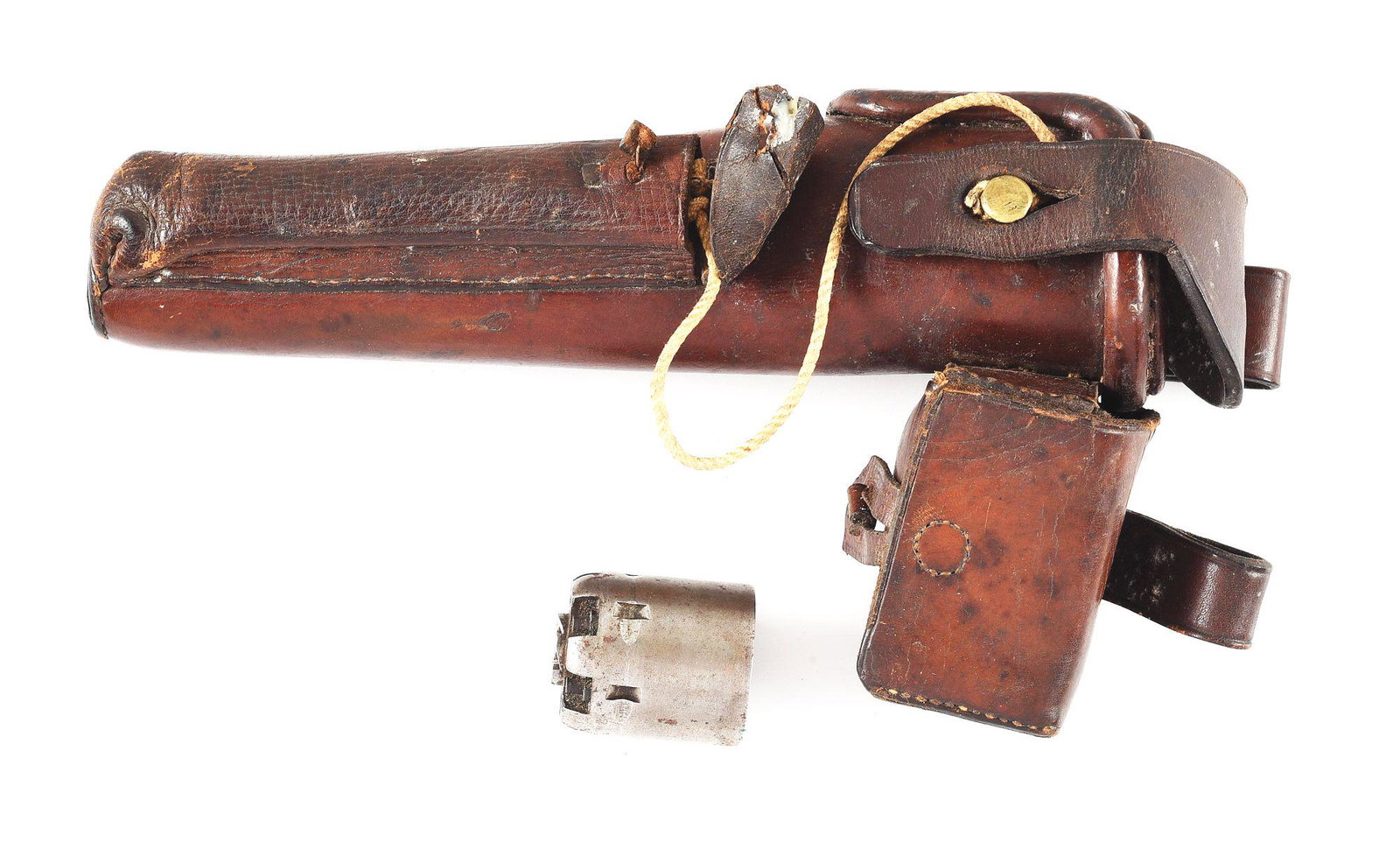 SCARCE GERMAN KRIEGSMARINE COLT MODEL 1851 HOLSTER WITH CAPPING TOOL & CYLINDER.: Brown leather holster for Colt 1851 Navy revolver marked with "(Crown) / KM" for German Kriegmarine. Reinforced leather holster with flap, a rope attached to brass capper marked with "KM", and extra f