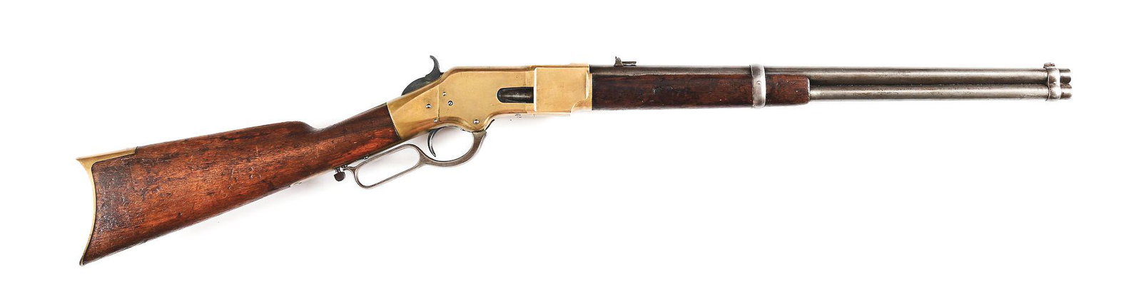 (A) WINCHESTER MODEL 1866 SADDLE RING CARBINE.: Second model saddle ring carbine manufactured circa 1868. 20" round barrel chambered in .44 rimfire with full-length magazine tube and 2-line Henry and King's patent information stamp. Blade front sig