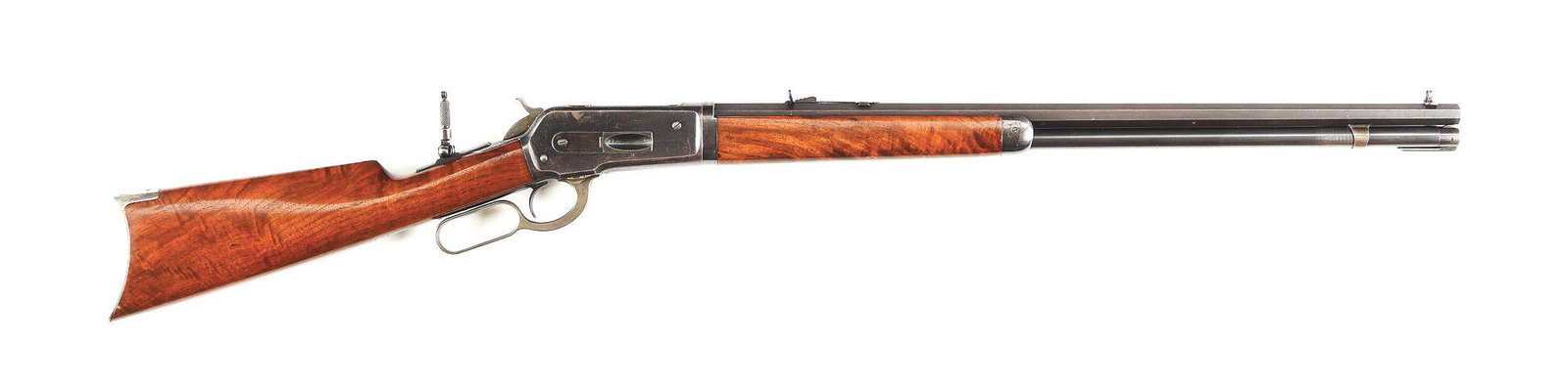 (A) WINCHESTER MODEL 1886 TAKEDOWN LEVER ACTION RIFLE.: Shipped from the factory September 2, 1896, as a takedown rifle in .45-90 with octagon barrel per included Cody factory research. The blued 26" octagon barrel features a full-length magazine tube, 2-l