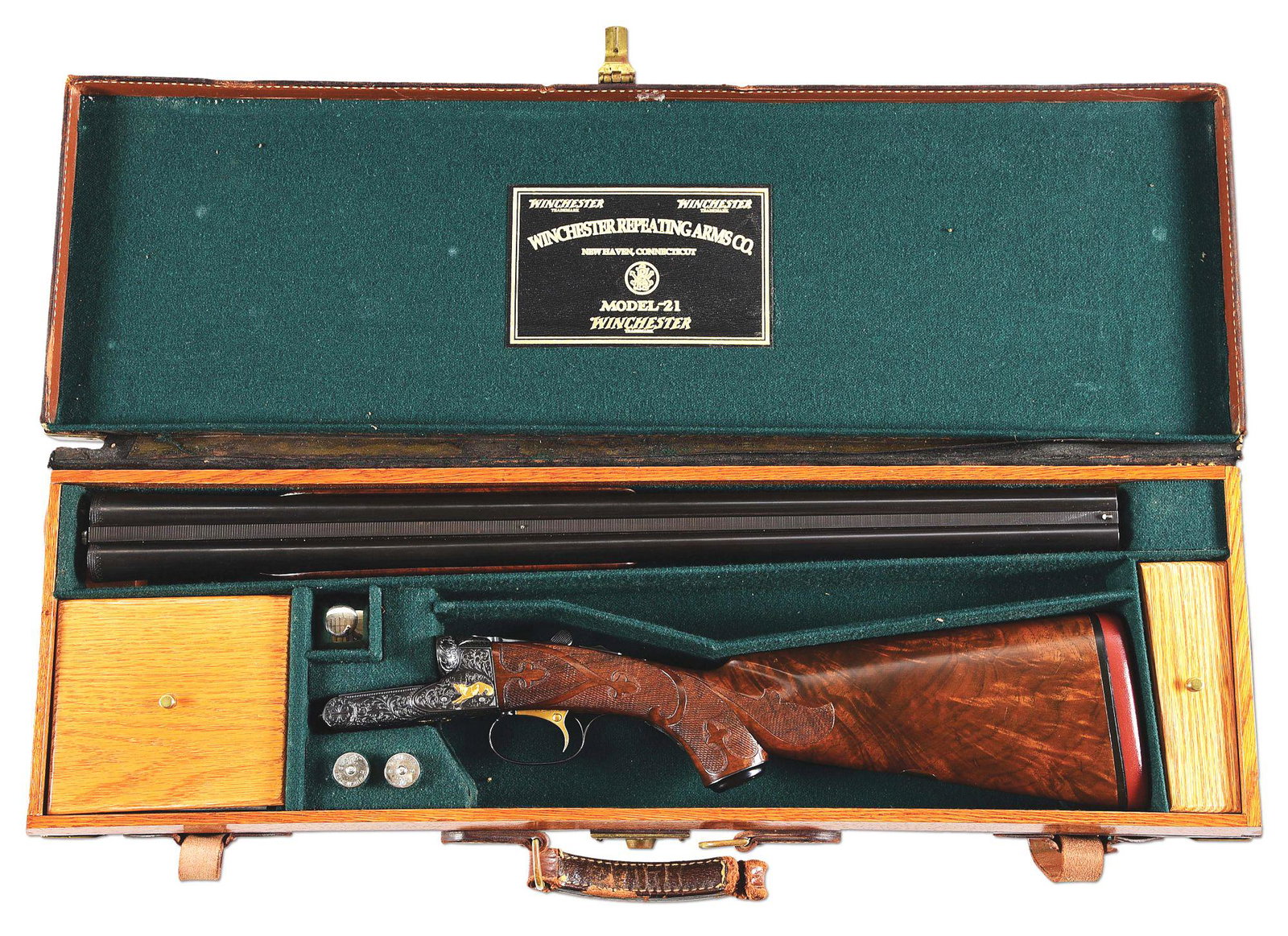 (C) UPGRADED WINCHESTER MODEL 21 SKEET SIDE BY SIDE SHOTGUN.: Per factory letter, manufactured circa 1950 as a Skeet grade shotgun, with 26" barrels, Modified and Full chokes, matte rib, non-automatic safety, selective ejector, single trigger, straight grip stoc