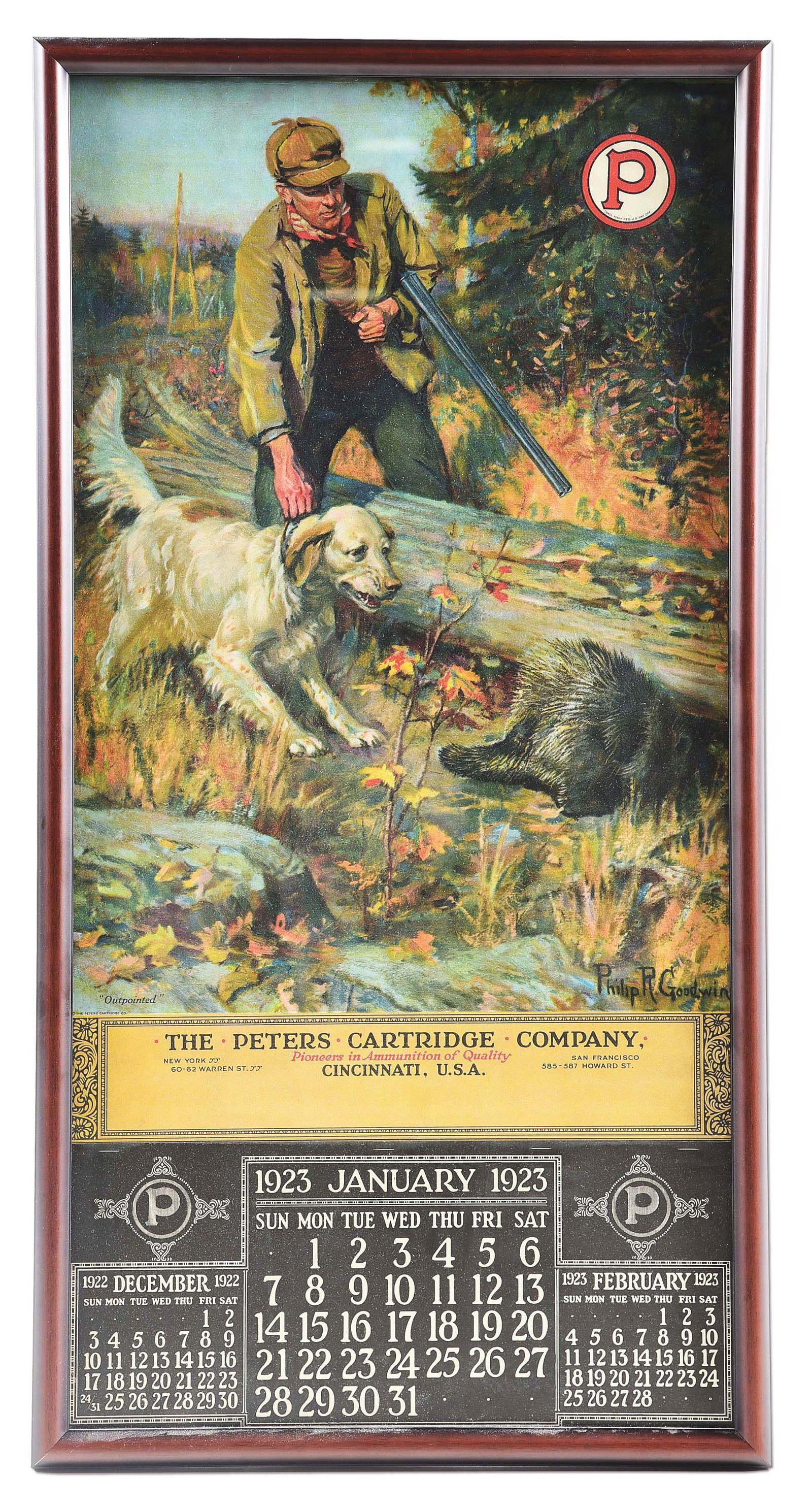 FRAMED PETERS CARTRIDGE CO 1923 CALENDAR.: Painted by Philip R. Goodwin. The painting was called "OUTPOINTED". It depicts a bird hunter with a shotgun in one hand and hanging on to his dog with the other. The dog is trying to go after a porcup