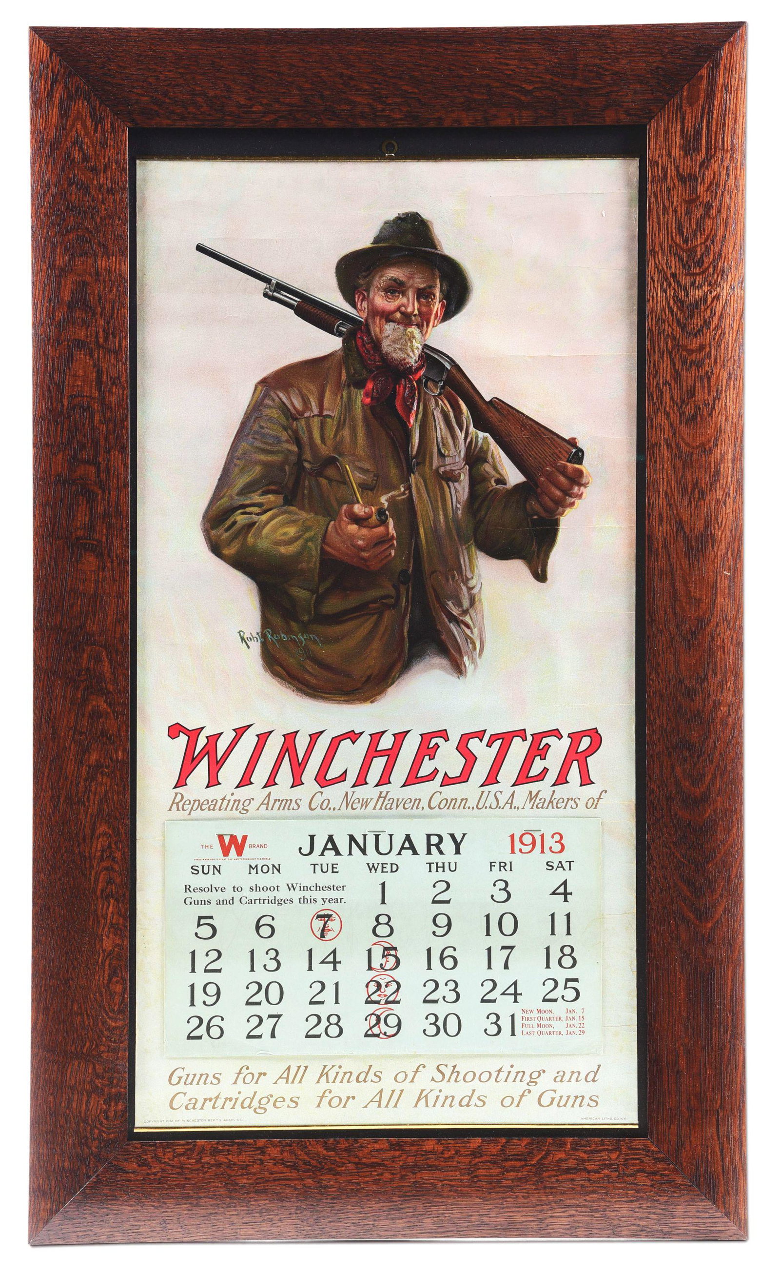 FRAMED 1913 WINCHESTER CALENDAR.: Painted by Robert B. Robinson in 1911. It depicts an older gentleman with his pipe and a Model 12 Winchester shotgun. Overall size is 15 - 1/4" wide and 29 - 1/2" tall. Top and bottom metal bands are 