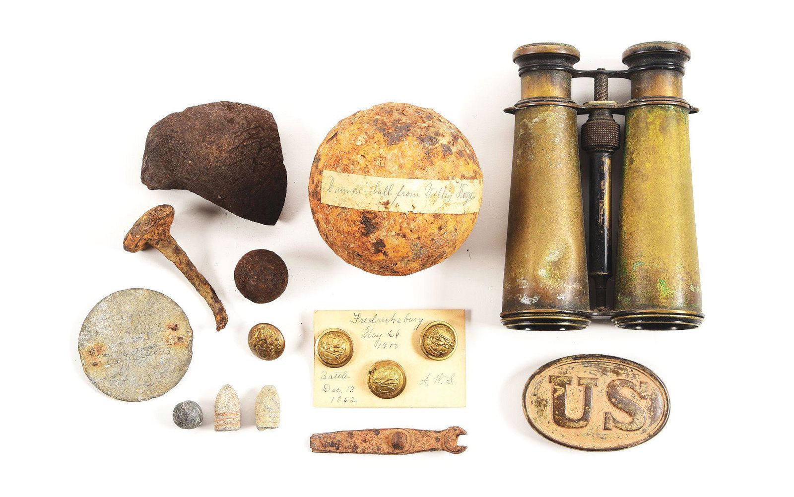 LOT OF REVOLUTIONARY WAR AND CIVIL WAR RELICS, EX-LATTIMER.: Nice lot of Revolutionary War and Civil War relics that were collected by Dr. John K. Lattimer. The lot includes a plastic bag of relics labeled by Lattimer's hand "RELICS OF BRADDOCKS DEFEAT IN PA." 