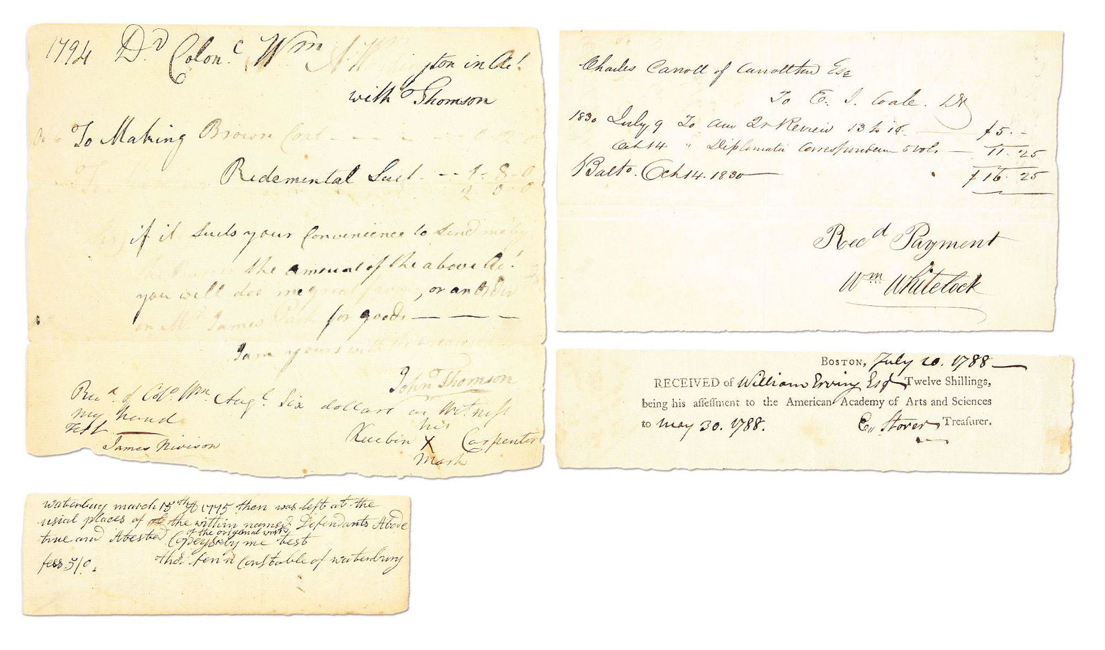 LOT OF 4: DOCUMENTS AND CLIPPINGS SIGNED BY FIGURES OF THE AMERICAN REVOLUTION INCLUDING WILLIAM A.: Lot consists of: (A) Manuscript invoice of Colonel William A. Washington, kinsman of George Washington and a Continental Army officer who experienced extensive combat, from John Thomson for making a b