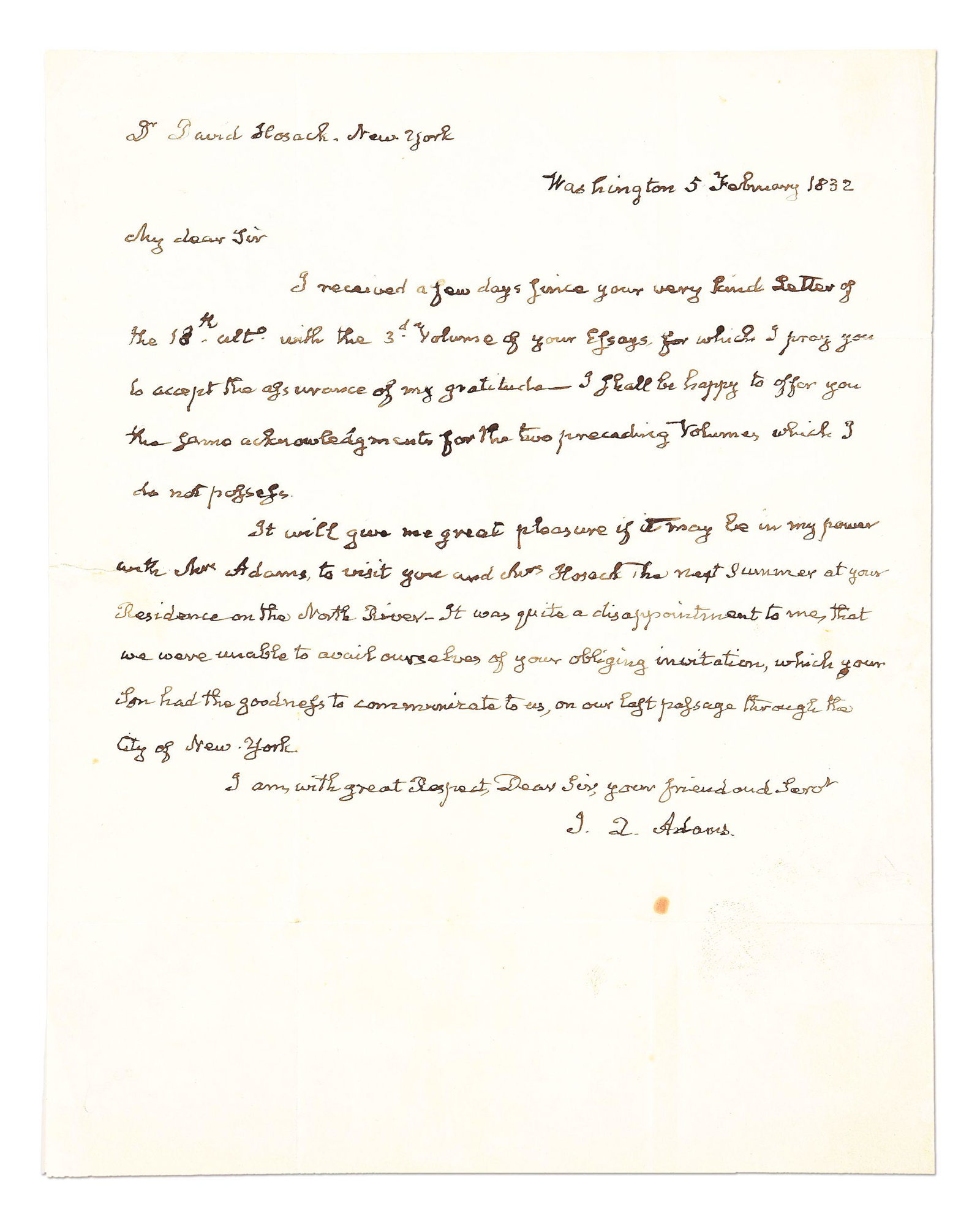 LETTER SIGNED BY JOHN QUINCY ADAMS.: A nicely written letter signed by 6th President of the United States John Quincy Adams during his post-presidential years. The letter is dated February 5th, 1832, and is addressed to Dr. David Hosack,