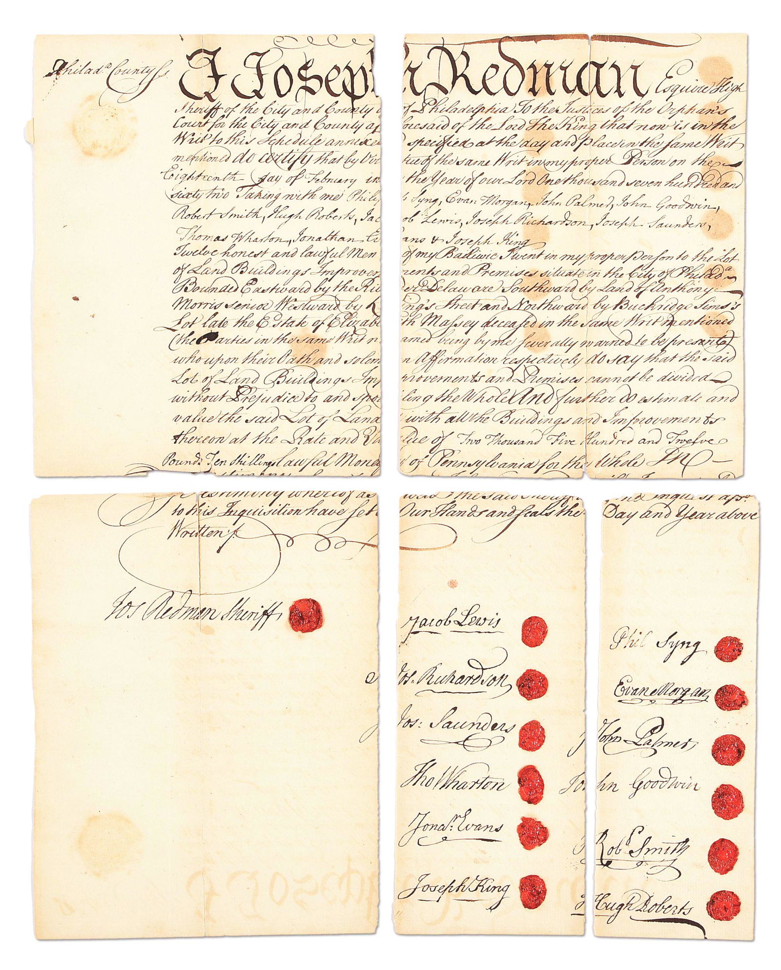 1762 DATED PHILADELPHIA COUNTY DOCUMENT REGARDING CITY IMPROVEMENTS.: 1762 dated document by Joseph Redman, high sheriff of Philadelphia County in which Redman takes "Twelve honest and lawful Men of my Balance...in my proper perform to the lot of Land Buildings Improvem