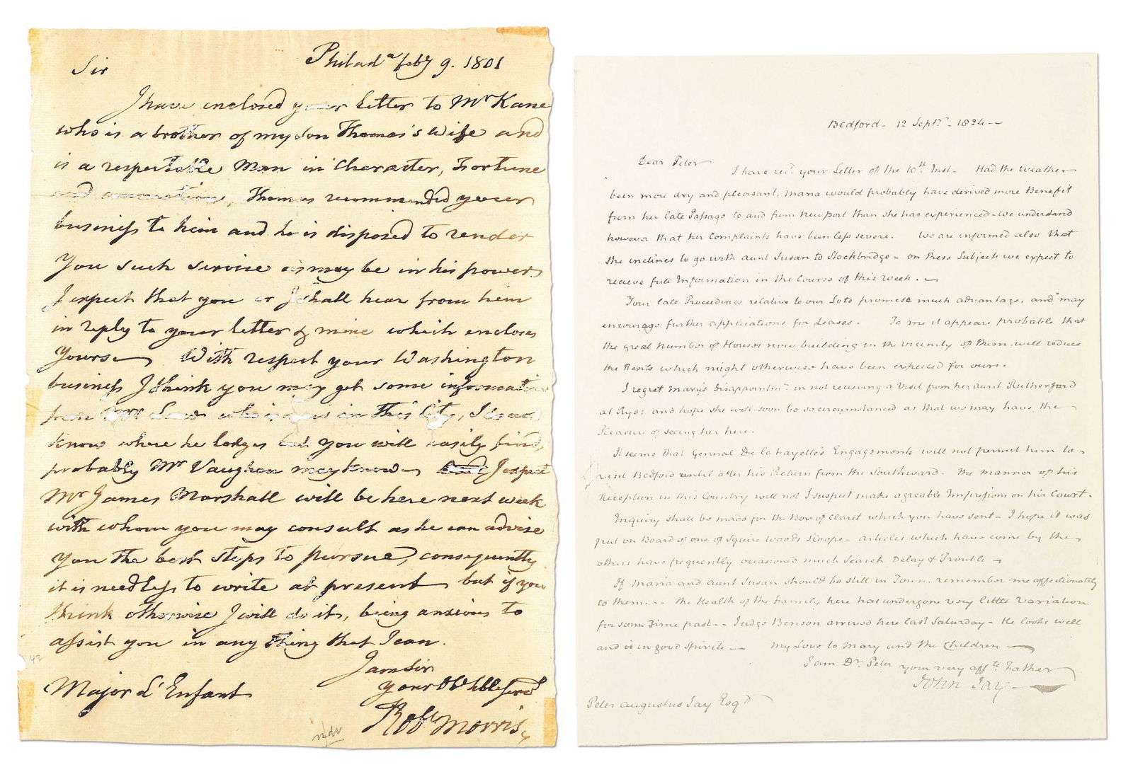 LOT OF 2 LETTERS: JOHN JAY TO PIERRE L’ENFANT AND ROBERT MORRIS TO SON PETER: Lot consists of 2 letters formerly in the Lattimer collection. (A) 1 page letter dated Philadelphia Feb. 9, 1801, from Robert Morris to Maj. L’Enfant. Morris (1734-1806,) well known as the "Fina