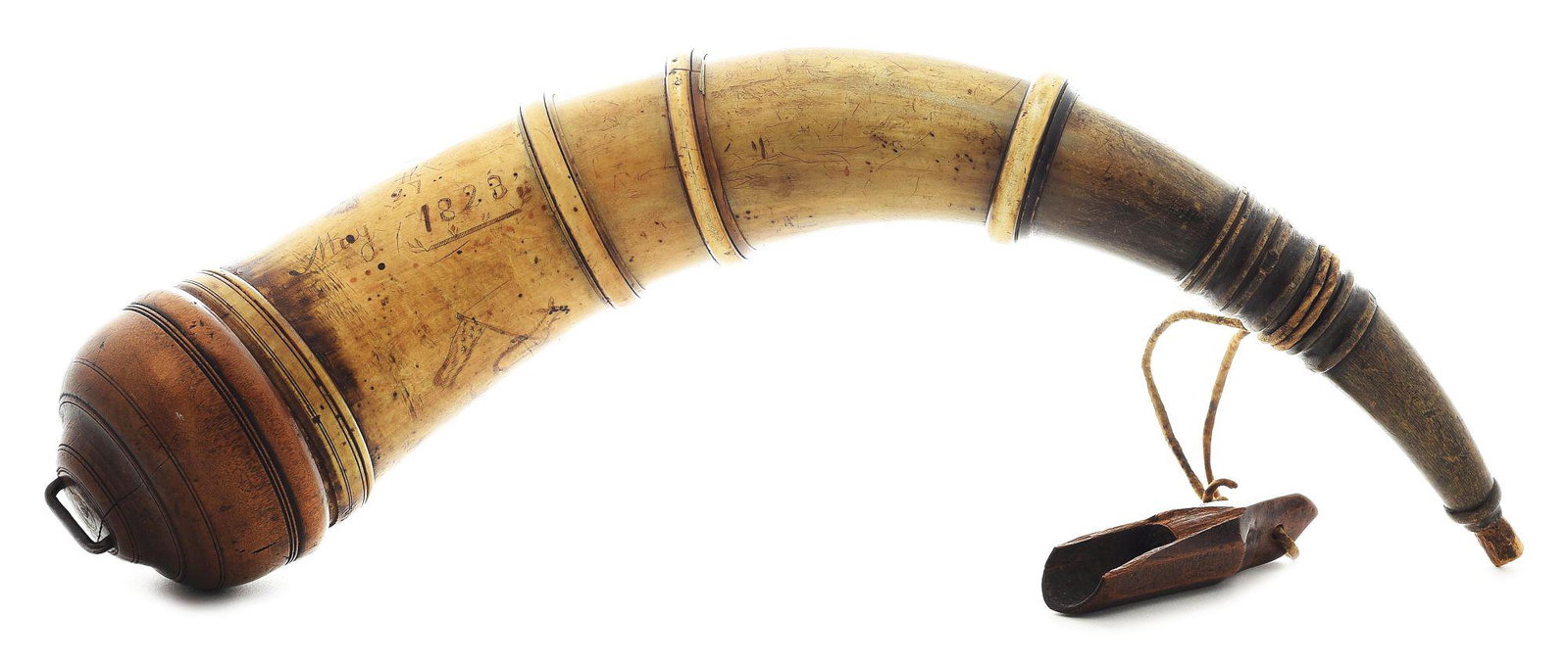 LARGE BANDED POWDER HORN ENGRAVED WITH EAGLE AND MASONIC SYMBOLS.: The curved body measures about 14 - 1/2" across the biome, including the turned wooden plug. The curved body has a turned spout followed by 3 deeply grooved wedding bands. The main portion of the horn