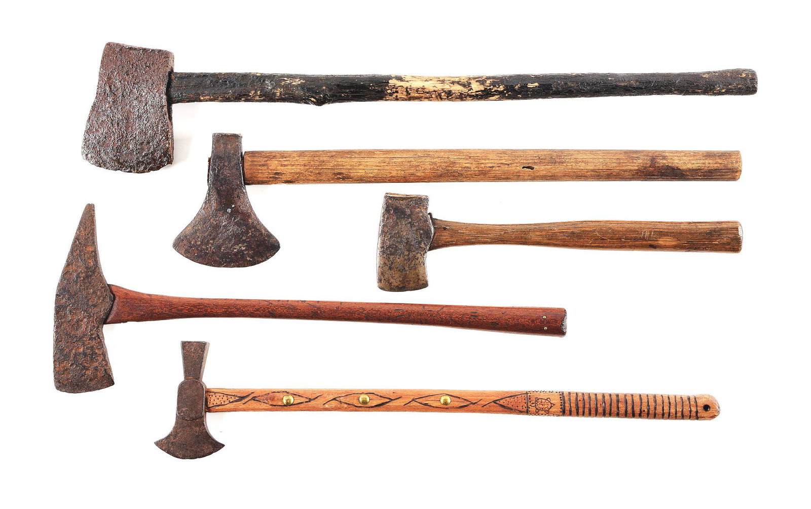 LOT OF FRONTIER BELT AXES.: Lot consists of 5 hand forged mid-19th century frontier-style belt axes. CONDITION: All show pitted blades with period wear. All hafts appear to be original except the one bearing animal carvings.