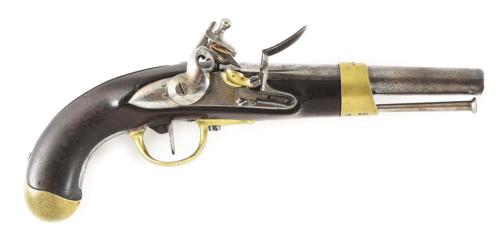 (A) 1810 DATED NAVAL MARKED FLINTLOCK PISTOL, PERHAPS A PROTOTYPE FOR THE EVANS 1811 MARTIAL PISTOL.: This pistol is in the pattern that the United States used for the 1811 Evans pistol. It is in an unusual configuration in that it does not have any manufacturer's marks or model numbers anywhere on it