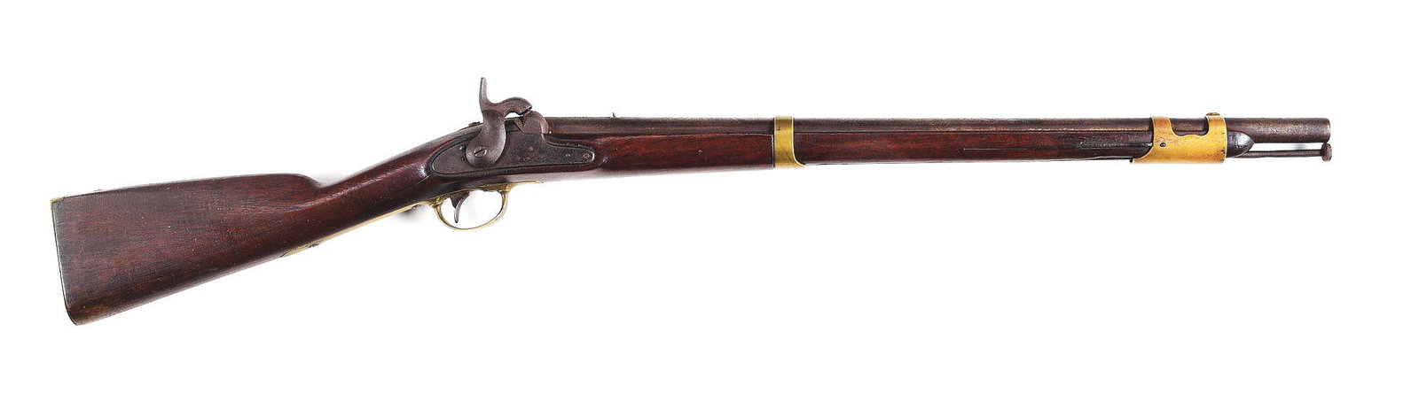 (A) MODIFIED RIFLED AND SIGHTED SPRINGFIELD 1847 CAVALRY MUSKETOON: 26" barrel in .69 caliber, rifled, with front sight integral to front brass double strapped barrel band and home-manufactured notched brass rear sight. Dovetail was cut into the barrel for use with a 