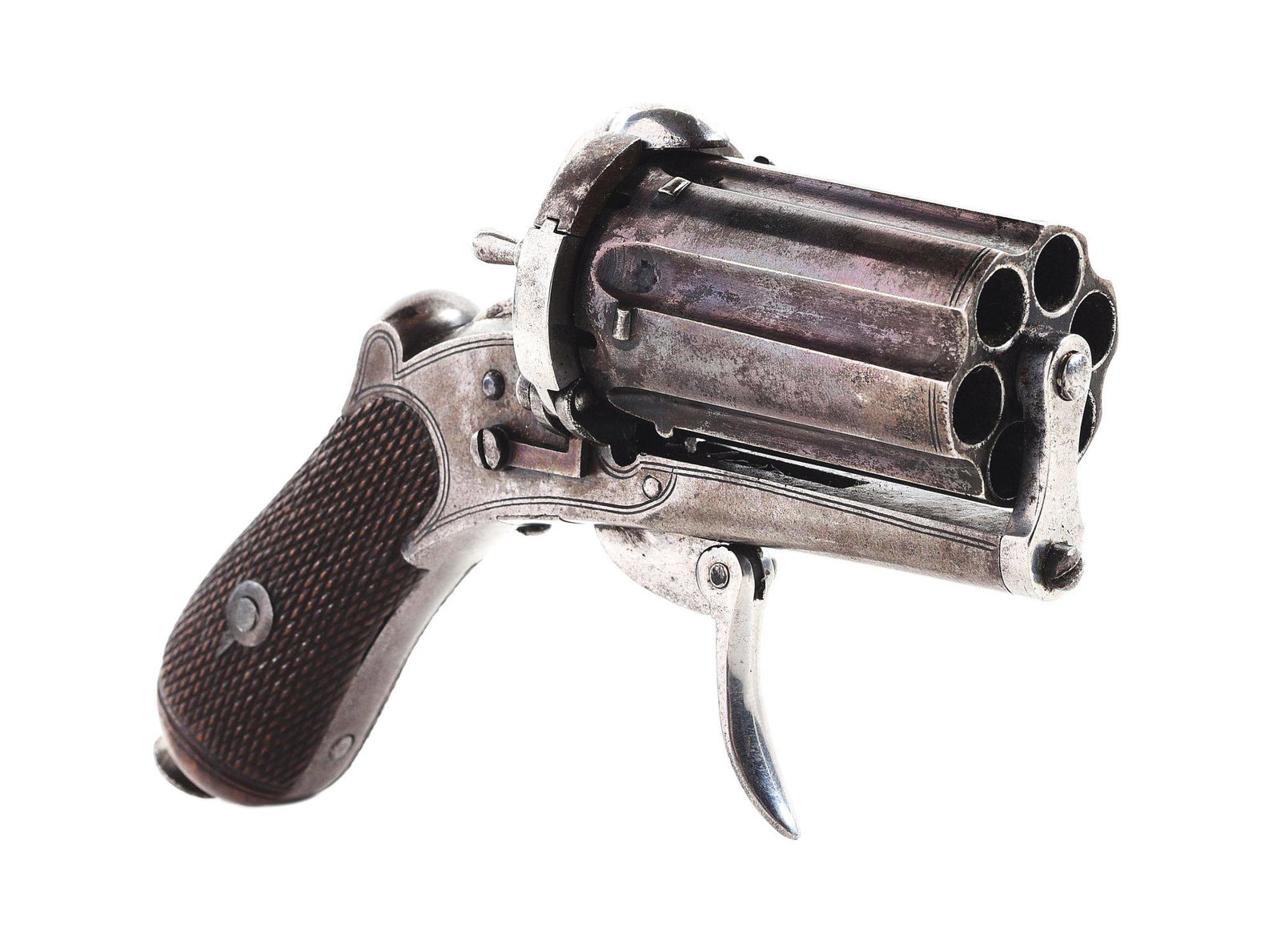 (A) APACHE PINFIRE PEPPERBOX REVOLVER.: British proofed on the chambers but more likely of Continental origin. Blued and fluted 6-shot cylinder chambered in 7mm Pinfire. Double action only with a folding trigger. Frame and muzzles have engr