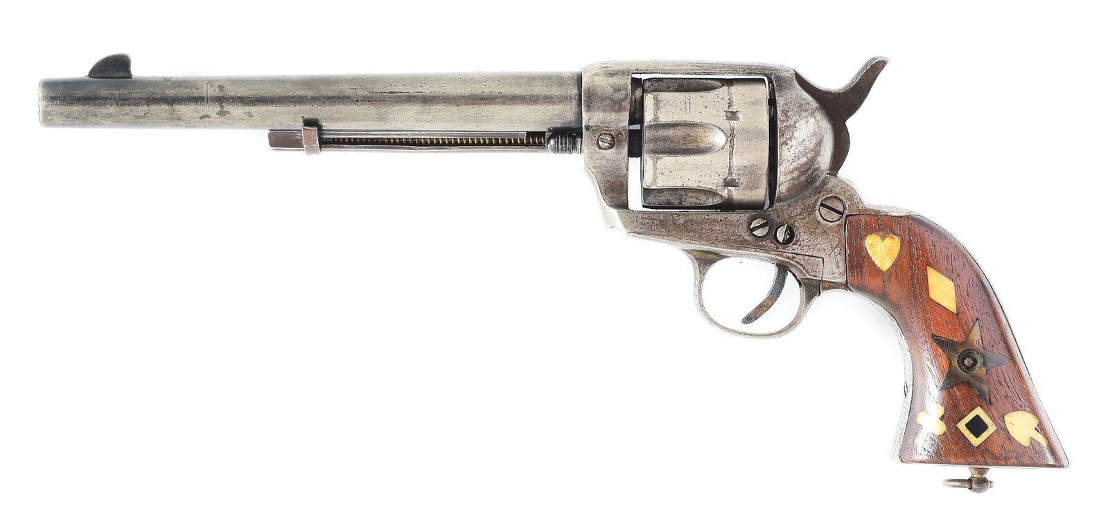 (A) SPANISH MADE COLT SINGLE ACTION ARMY BREVETTE REVOLVER WITH INLAYED GAMBLER'S GRIPS.: Late 19th-century copy of a standard Colt Single Action Army Revolver chambered in .44-40. The 7 - 3/8" round barrel bears a single line address reading "COLT'S SYSTEM Manufactarens ANIT & CHAR E. G. 