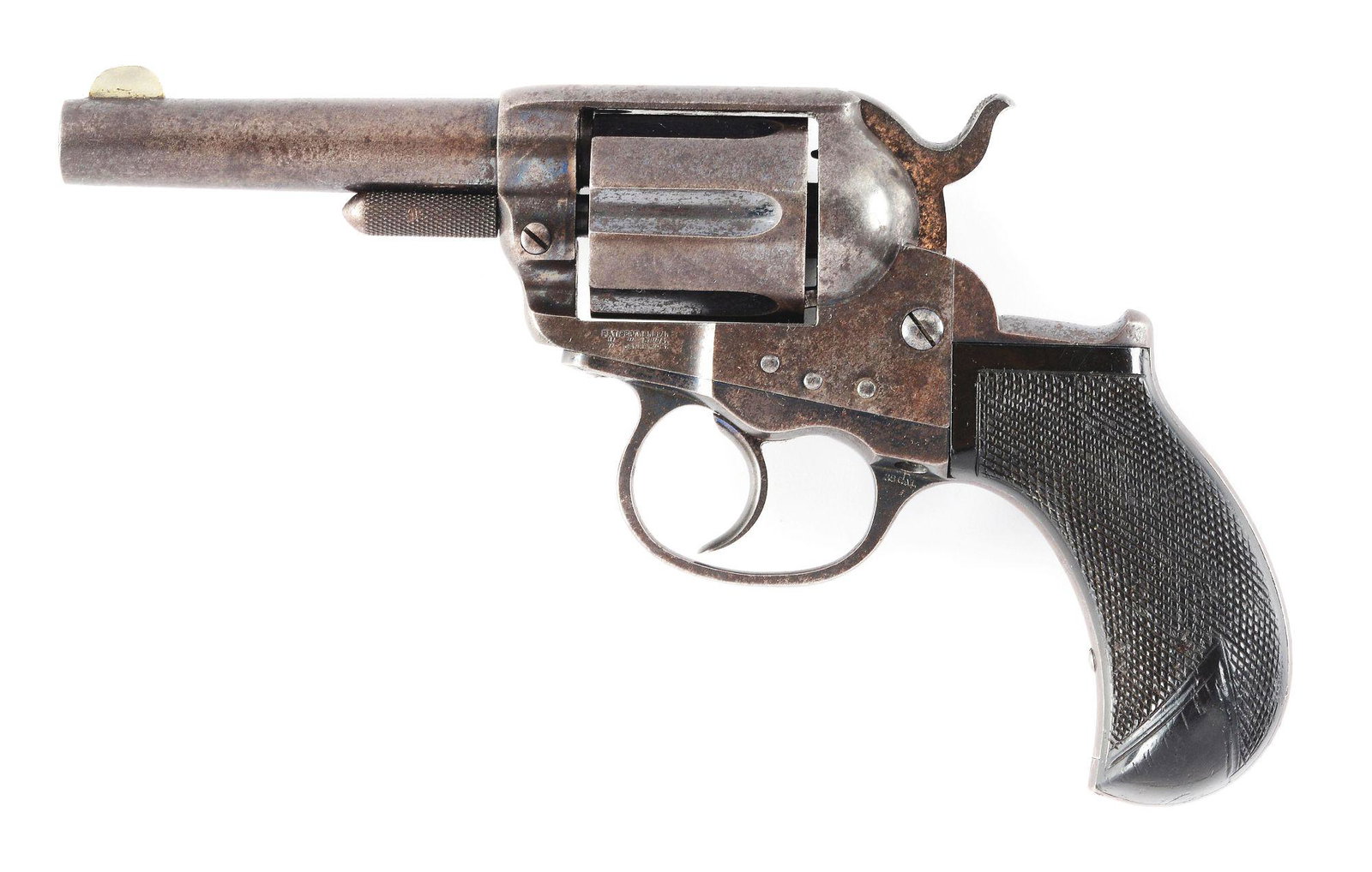 (A) COLT MODEL 1877 "LIGHTNING" ETCHED PANEL DOUBLE ACTION REVOLVER (1880).: Manufactured in 1880. Etched panel barrel. Half moon German silver front sight with a V notch rear sight. 1-piece rosewood checkered grip with a six-shot fluted cylinder. Action works in both single a