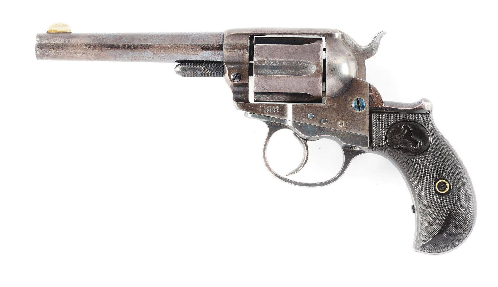 (A) COLT MODEL 1877 "LIGHTNING" DOUBLE ACTION REVOLVER (1886).: Manufactured in 1886. Hard to find 4 - 1/2" barreled sheriff's model. Etched panel with a half-moon German Silver front sight. V-notch rear sight with a six-shot fluted cylinder. 2-piece hard rubber g