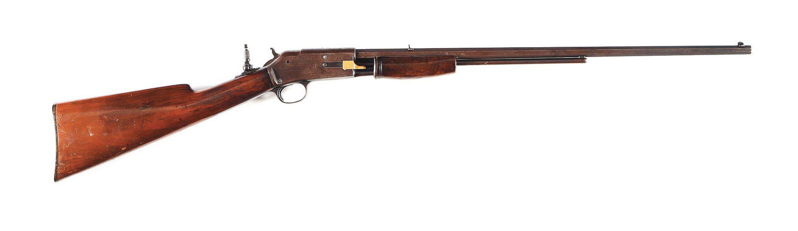 (A) SMALL FRAME COLT LIGHTNING SLIDE ACTION MAGAZINE RIFLE (1890).: Made by Colt Firearms Company in 1890. Blued finish 24" octagon barrel with factory blade front sight, notch rear, and Lyman tang peep sight; "22 CAL" on barrel breech and Colt 2-line address. Blued f