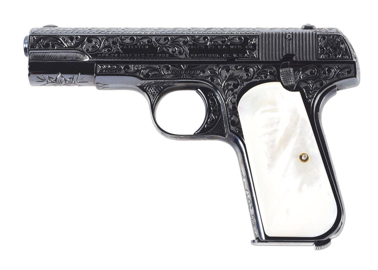(C) EXTENSIVELY ENGRAVED COLT 1903 POCKET HAMMERLESS .32 ACP SEMI-AUTOMATIC PISTOL (1916).: Manufactured 1916. Classic configuration of the 1903 Pocket Hammerless's later variation with triangle-cut cocking serrations, half moon front sight, and round top U-notch rear sight. Magazine safety 