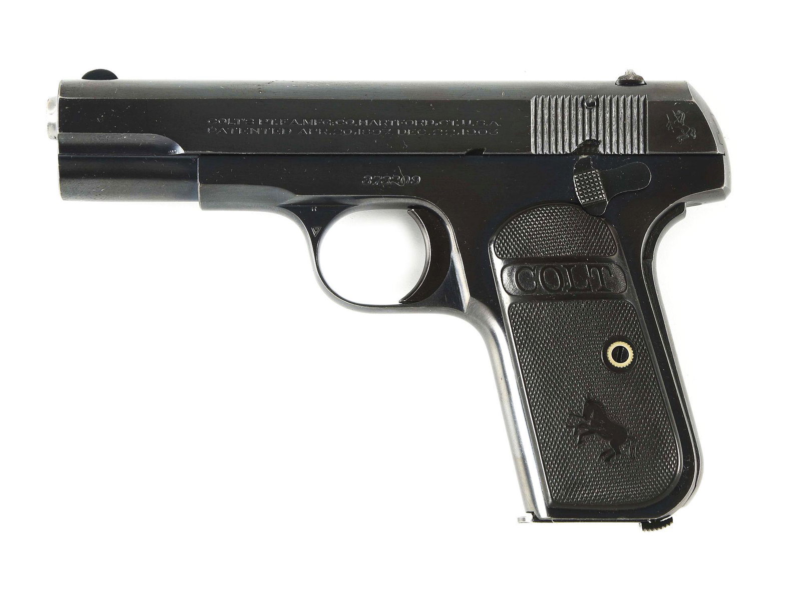 (C) COLT MODEL 1903 SEMI-AUTOMATIC PISTOL.: Manufactured in 1920. Blued finish throughout with 3 - 3/4" round barrel, half moon front sight, and drift adjustable u-notch rear. Slide marked with maker, model, and caliber information. Grips are 2