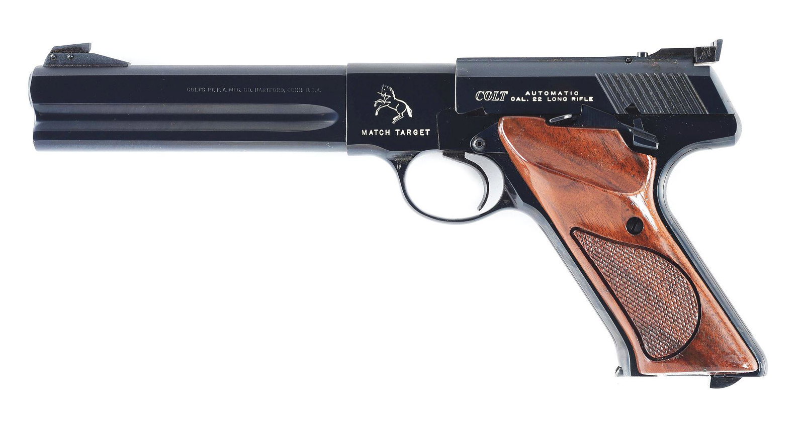 (M) EXTREMELY FINE COLT WOODSMAN MATCH TARGET SEMI-AUTOMATIC PISTOL WITH MATCHIG FACTORY BOX.: Woodsman Match Target manufactured by Colt in 1969. The left side of the barrel bears Colt's single line address followed by the Rampant Colt logo above "MATCH TARGET", with "COLT" and "AUTOMATIC/ CAL