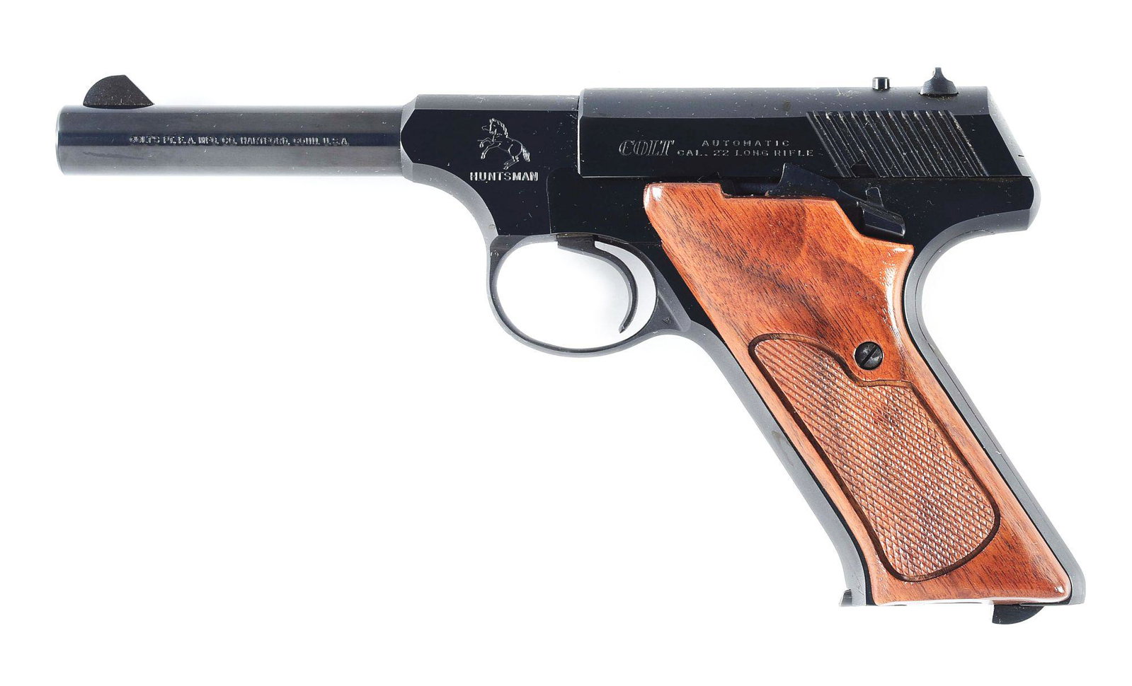 (M) EXCELLENT COLT HUNTSMAN SPORT MODEL SEMI-AUTOMATIC PISTOL WITH ORIGINAL FACTORY BOX.: Huntsman pistol manufactured by Colt. The left side of the barrel bears Colt's single line address followed by the Rampant Colt logo above "HUNTSMAN", with "COLT" and "AUTOMATIC/ CAL. 22 LONG RIFLE" o