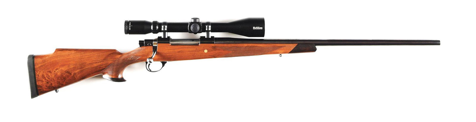 (C) FLAIG'S SAKO L61R BOLT ACTION SPORTING RIFLE.: Custom Mauser bolt action rifle expertly done by Flaig's of Millvale, Pennsylvania at an unknown date. Blued tapered sightless 26 - 1/2" Douglass style sporter grade barrel in .338 Win Mag with blued 