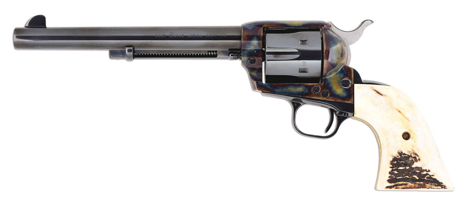 (M) THIRD GENERATION COLT SINGLE ACTION ARMY REVOLVER.: Modern production featuring a richly polish blued 7 - 1/2" barrel with blade front sight, fluted 6-shot cylinder chambered in .45 Colt, attractively case hardened frame, and aftermarket 2-piece stag g