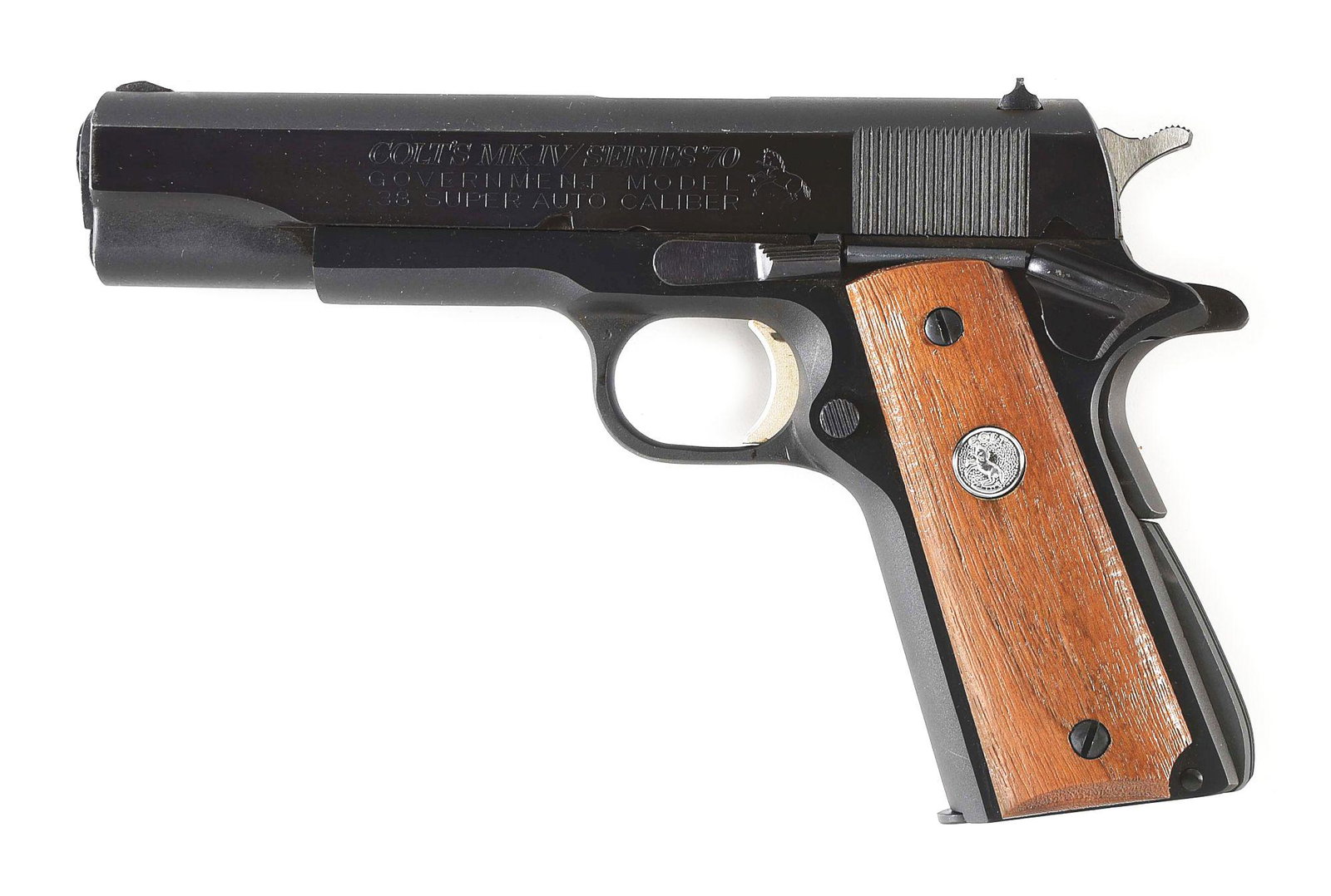 (C) COLT GOVERNMENT MODEL MK IV SERIES 70 .38 SUPER SEMI-AUTOMATIC PISTOL WITH FACTORY BOX (1972).: Manufactured 1972 per serial number. Standard configuration without Swartz safety. Small parts comprise a narrow serrated hammer, thumb safety, slide release, magazine release, and short trigger with 