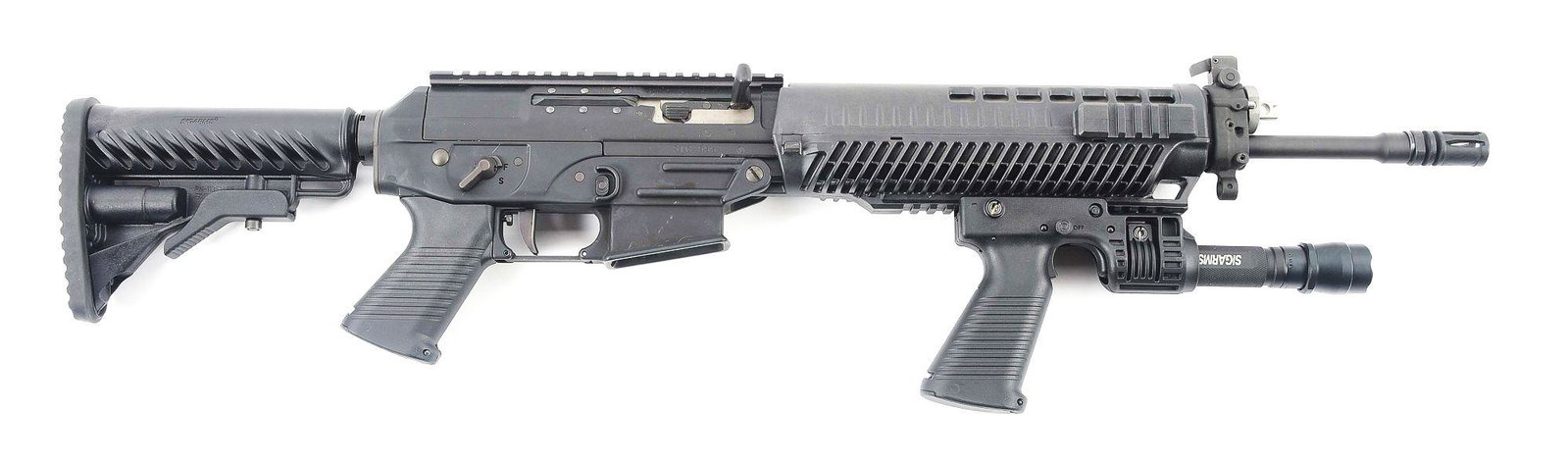 (M) SIG SAUER SIG 556 SEMI-AUTOMATIC RIFLE WITH HARD CASE.: 16 - 1/4" barrel chambered in 5.56X45mm NATO with flip up front sight integral to adjustable gas block and flip up rear sight in rail. Polymer forearm with M4 style buttstock. Mounted with Grip Light 